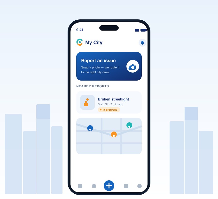 Preview of the My City app on a phone against a city skyline